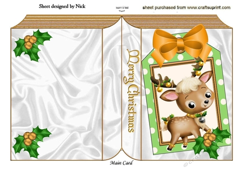 Cute Reindeer with holly on a gold folded book with holly