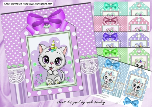  6 White kitties with party hats on a tag pink stripes and bow 7x7 card front set