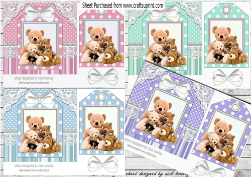  4 Cute teddy bears, white bows on a tag, striped 7x7 frame card fronts mini kit