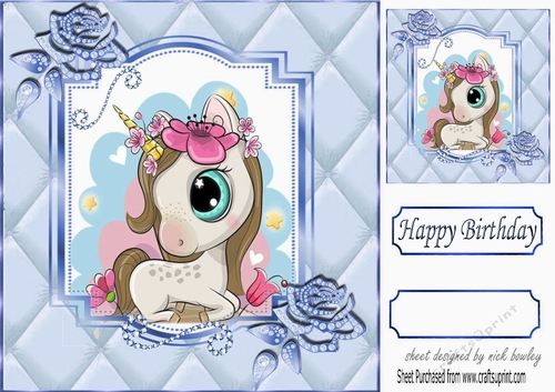 Pretty diamante rose corners with blue quilt  & unicorn 8x8