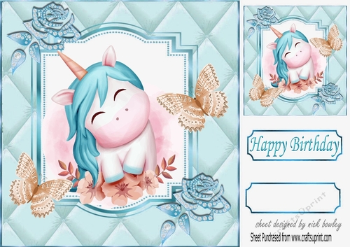 Pretty diamante rose corners with turq quilt frame  &  pretty unicorn 8x8