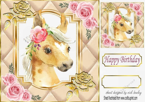 Pretty diamante rose corners with gold quilt card front with horse 8x8