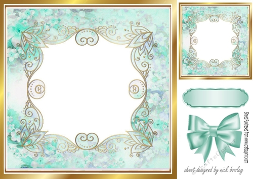 Pretty gold scroll turq floral card front with bow 8x8