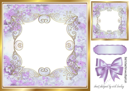 Pretty gold scroll lilac floral card front with bow 8x8