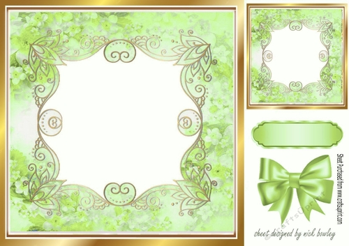 Pretty gold scroll green floral card front with bow 8x8