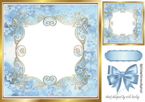 Pretty gold scroll blue floral card front with bow 8x8