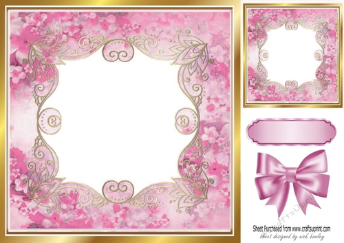 Pretty gold scroll pink floral card front with bow 8x8