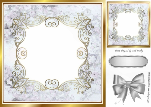 Pretty gold scroll silver floral card front with bow 8x8