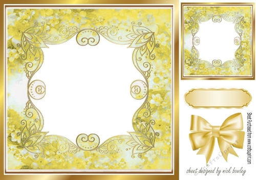 Pretty gold scroll gold floral card front with bow 8x8