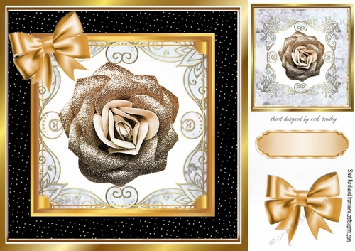 Pretty gold glitter rose in ornate black/gold frame 8x8