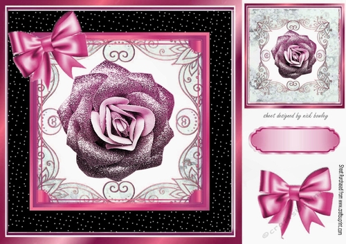 Pretty pink glitter rose in ornate black/gold frame 8x8