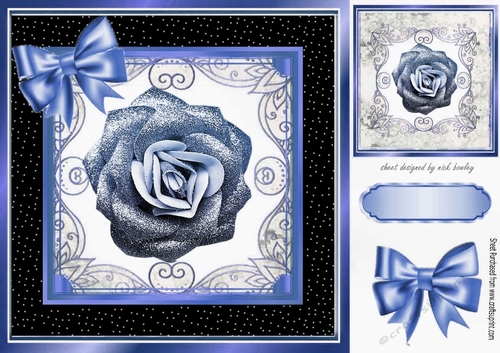 Pretty blue glitter rose in ornate black/gold frame 8x8
