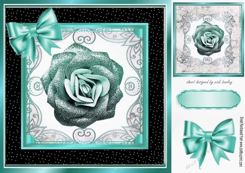 Pretty turq glitter rose in ornate black/gold frame 8x8