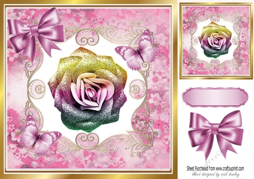 Pretty pink rainbow glitter rose with butterflies in floral frame 8x8