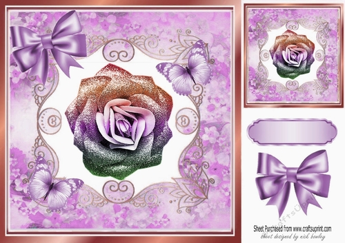 Pretty lilac rainbow glitter rose with butterflies in floral frame 8x8