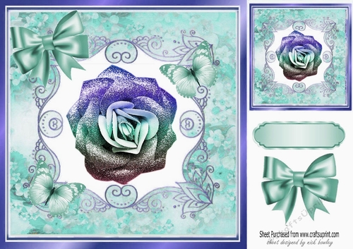 Pretty turq rainbow glitter rose with butterflies in floral frame 8x8
