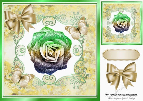 Pretty gold rainbow glitter rose with butterflies in floral frame 8x8