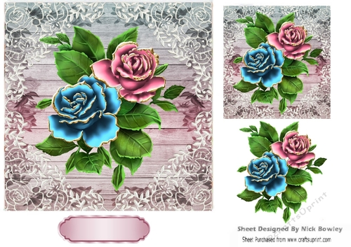 Lovely roses on rainbow wood and lace 7x7 frame (one)