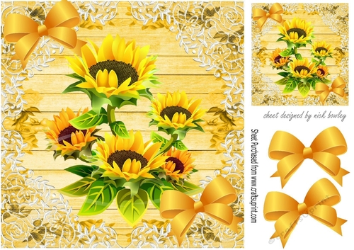 Sunflowers wood effect and lace with yellow bows 8x8