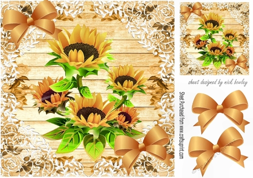 Sunflowers wood effect and lace with gold bows 8x8
