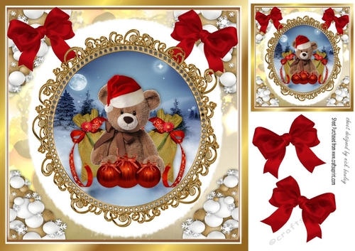 Cute teddy in santa hat in snowball frame with red bows 8x8 (two)