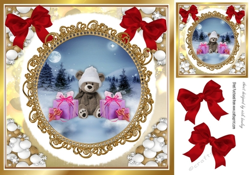 Cute teddy in a hat in snowball frame with red bows 8x8 (three)