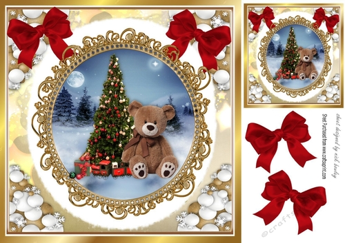 Cute teddy with tree in snowball frame with red bows 8x8 (four)