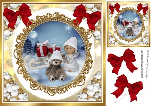 Cute teddy with angel in snowball frame with red bows 8x8 (five))