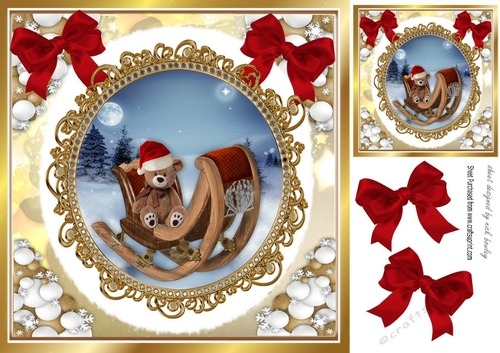 Cute teddy in a sleigh snowball frame with red bows 8x8 (six))
