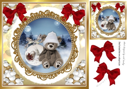 Cute teddy with white bauble in a snowball frame with red bows 8x8 (eight))