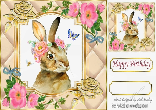 Pretty diamante rose corners with gold quilt card front with rabbit (one) 8x8