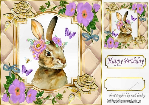 Pretty diamante rose corners with gold quilt card front with rabbit (two) 8x8