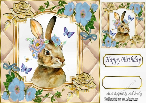 Pretty diamante rose corners with gold quilt card front with rabbit (three) 8x8