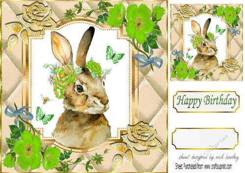 Pretty diamante rose corners with gold quilt card front with rabbit (four) 8x8