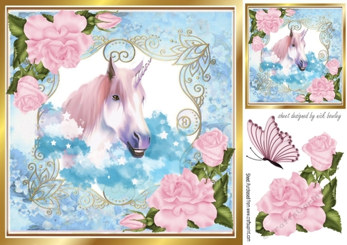 pretty watercolour unicorn blue clouds/stars/pink roses ornate frame 8x8 (one)