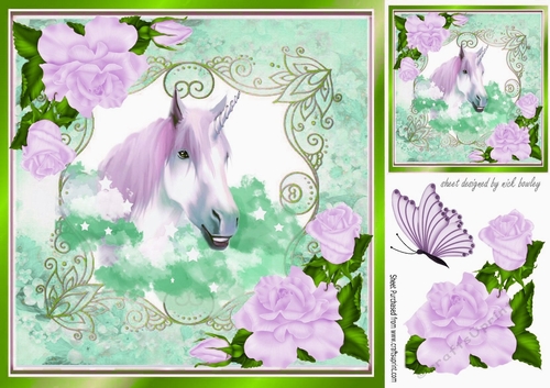 pretty watercolour unicorn turq clouds/stars/ roses ornate frame 8x8 (two)