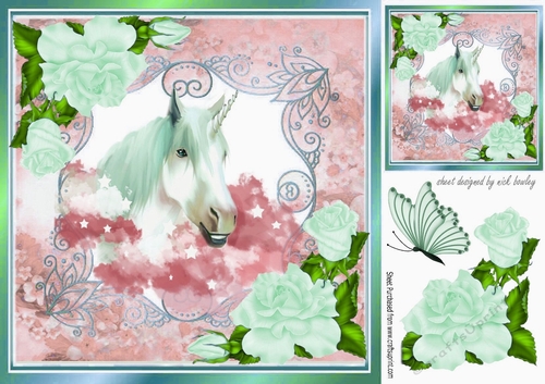 pretty watercolour unicorn with  clouds/stars/ roses ornate frame 8x8 (four)