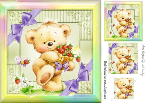 Cute teddy with strawberries in rainbow frame 8x8 with pyramids