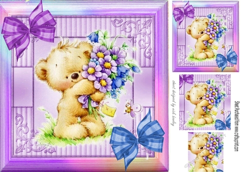 Cute teddy with bunch of flowers in rainbow frame 8x8 with pyramids
