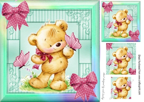 Cute teddy with pink butterflies & bows in rainbow frame 8x8 with pyramids