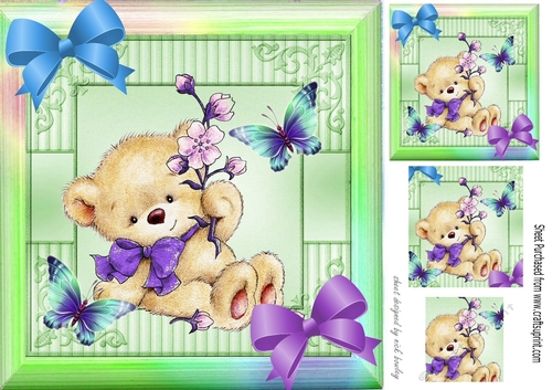 Cute teddy holding flowers with butterflies in rainbow frame 8x8 with pyramids