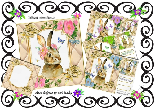  4 diamante rose corners with gold quilt card fronts with rabbits 8x8 mini kit