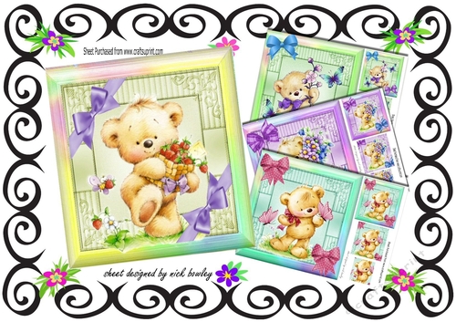  4 Cute teddys in rainbow frames card fronts 8x8 with pyramids mini kit