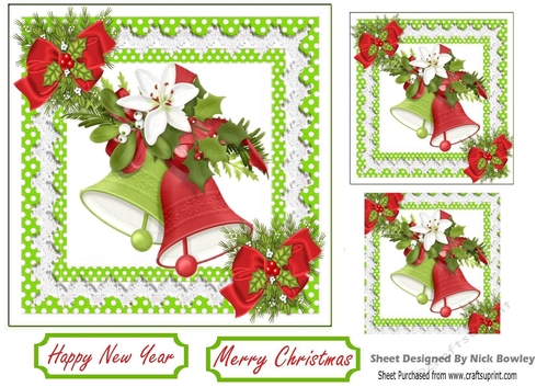 Pretty festive bells and christmas red bow card front 7x7 (one)