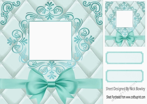 Turq Quilt Effect With Elegance 8x8 with bow, card front