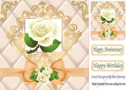 Pretty cream roses and bow in gold elegant frame 8x8