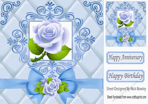 Pretty blue roses and bow in gold elegant frame 8x8
