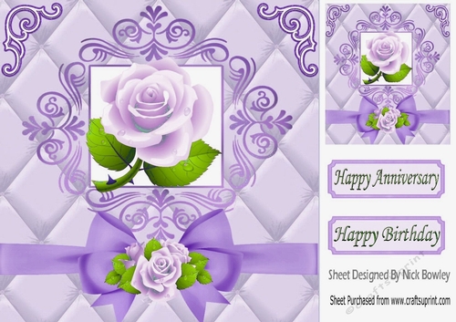 Pretty lilac roses and bow in gold elegant frame 8x8