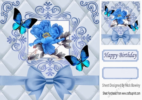 pretty blue flower with butterflies in elegant frame with bow 8x8