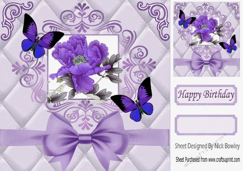 pretty purple flower with butterflies in elegant frame with bow 8x8